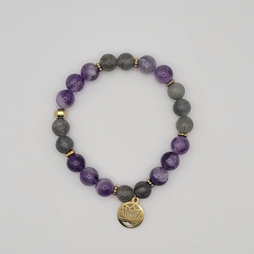 Bracelet Éveil Intuitif – Labradorite & Améthyste et Fleur de Lotus.
