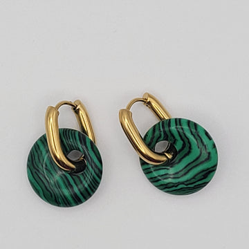 Boucles Créoles Dorées – Donut Malachite 18 mm