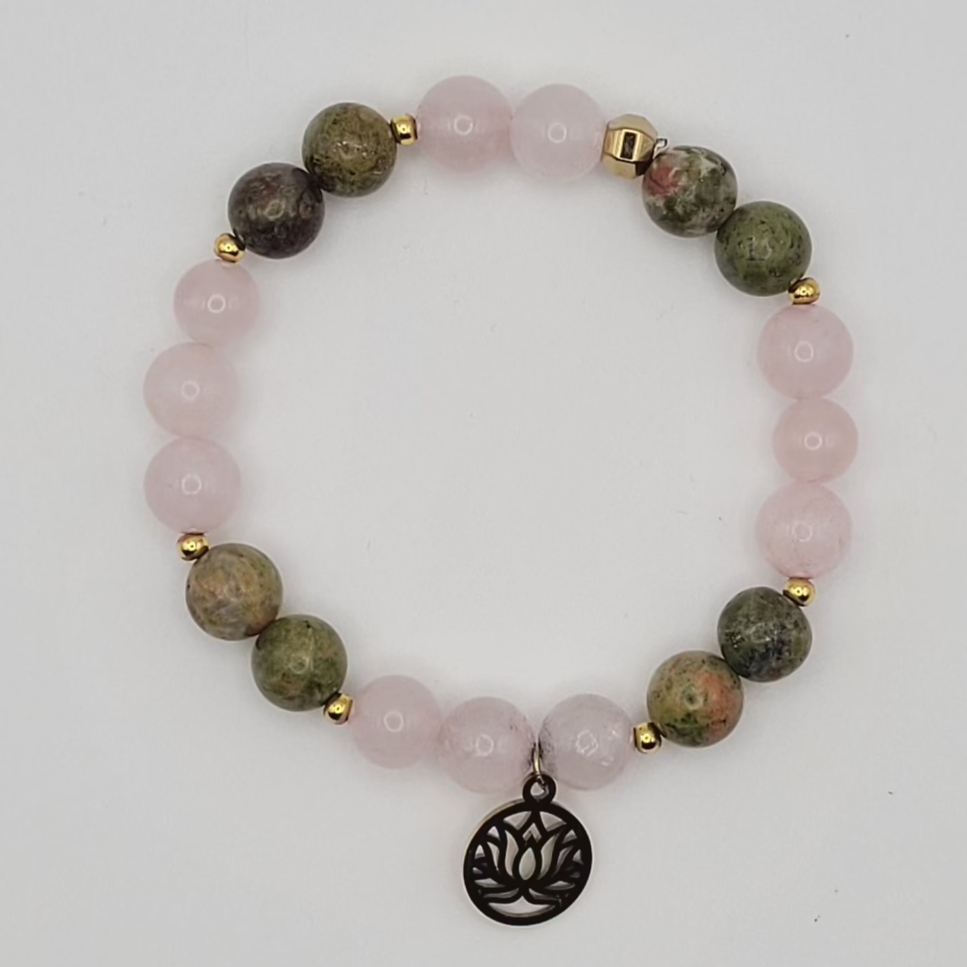 Bracelet Guérison du Cœur – Unakite & Quartz Rose Pendentif Fleur de Lotus.