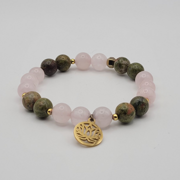 Bracelet Guérison du Cœur – Unakite & Quartz Rose Pendentif Fleur de Lotus.