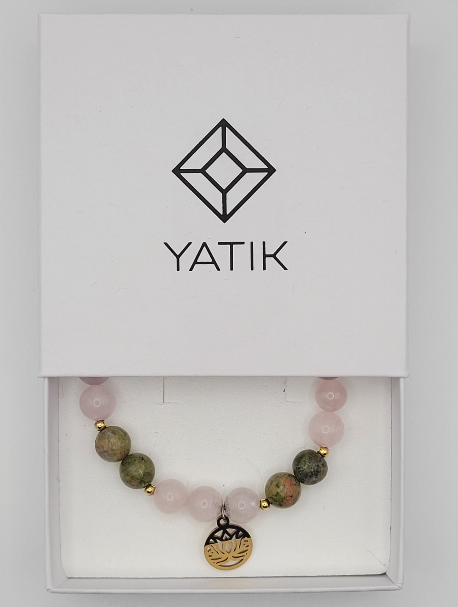 Bracelet Guérison du Cœur – Unakite & Quartz Rose Pendentif Fleur de Lotus.