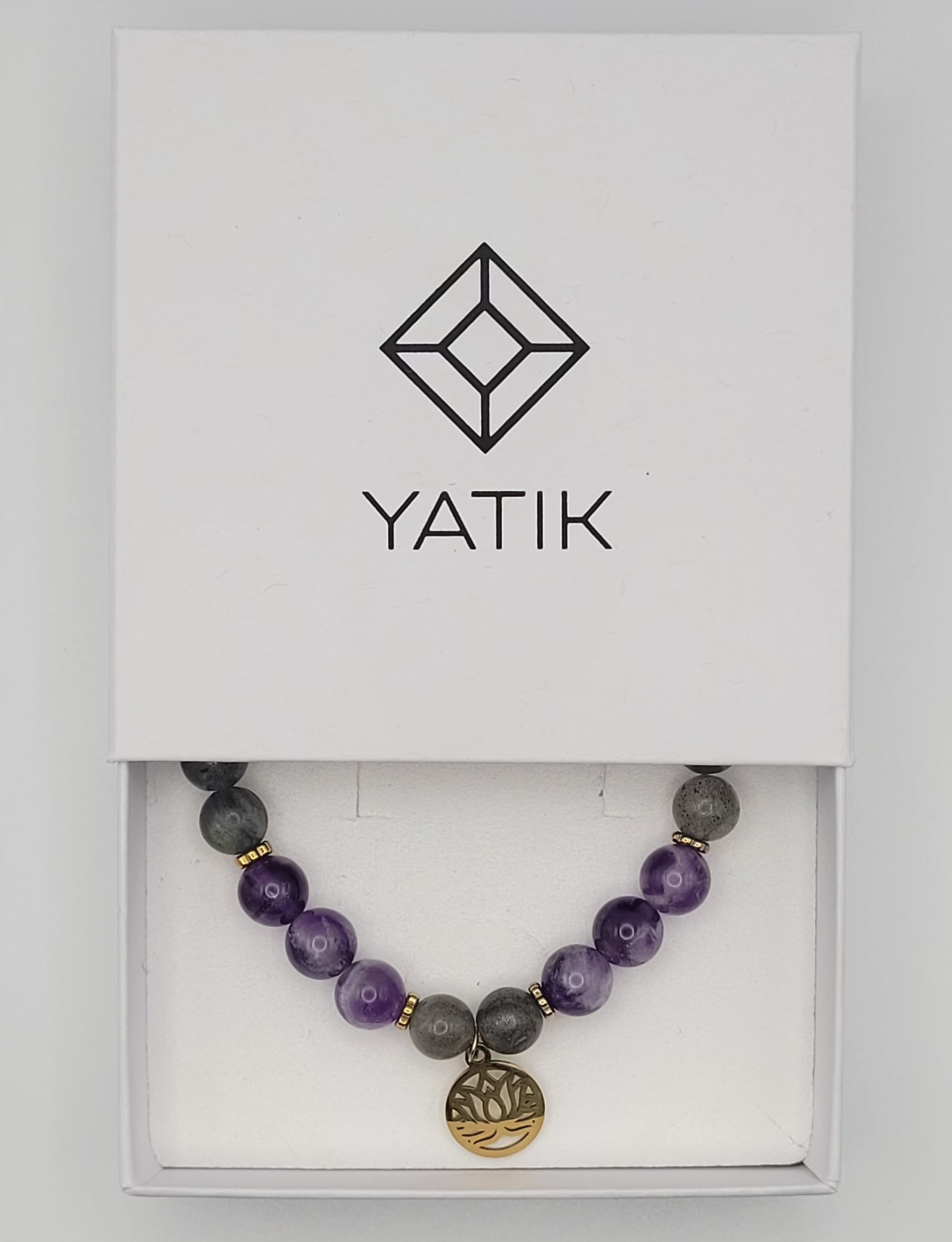 Bracelet Éveil Intuitif – Labradorite & Améthyste et Fleur de Lotus.