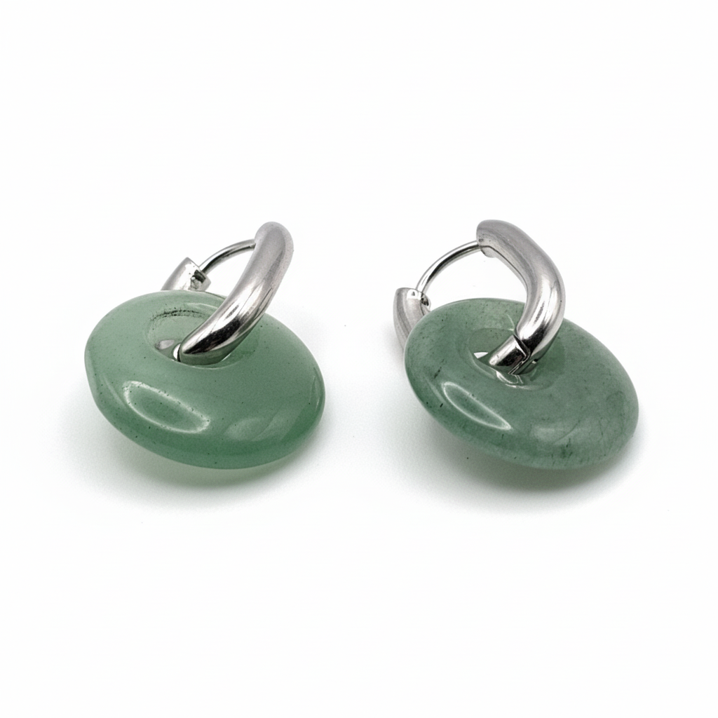 Boucles Créoles Argentées – Donut Aventurine Verte 18 mm