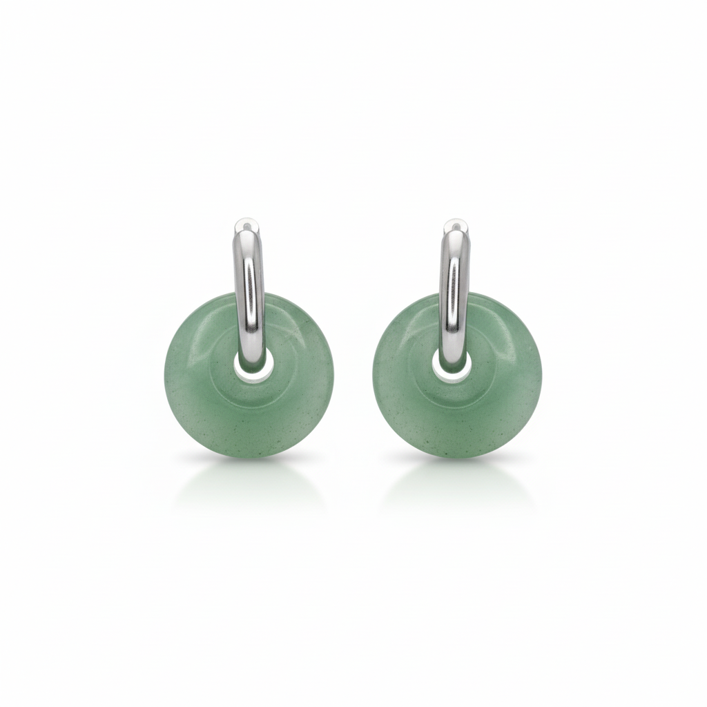 Boucles Créoles Argentées – Donut Aventurine Verte 18 mm