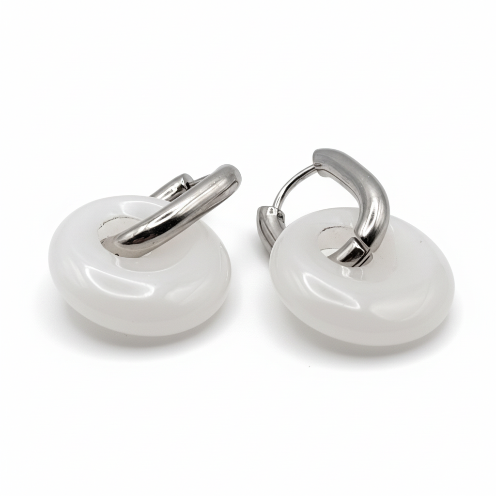 Boucles Créoles Argentées – Donut Jade Blanc 18 mm