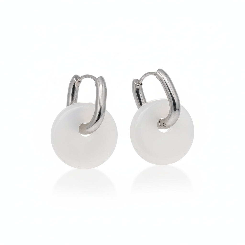 Boucles Créoles Argentées – Donut Jade Blanc 18 mm