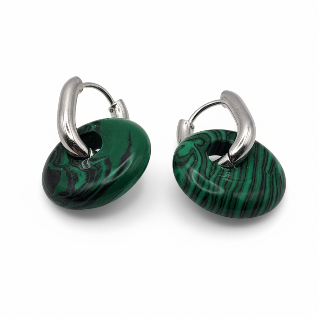 Boucles Créoles Argentées – Donut Malachite 18 mm
