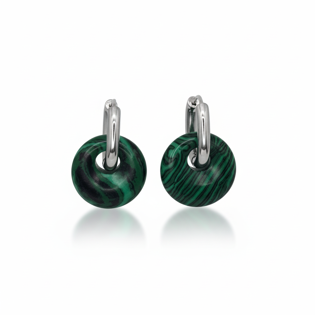 Boucles Créoles Argentées – Donut Malachite 18 mm