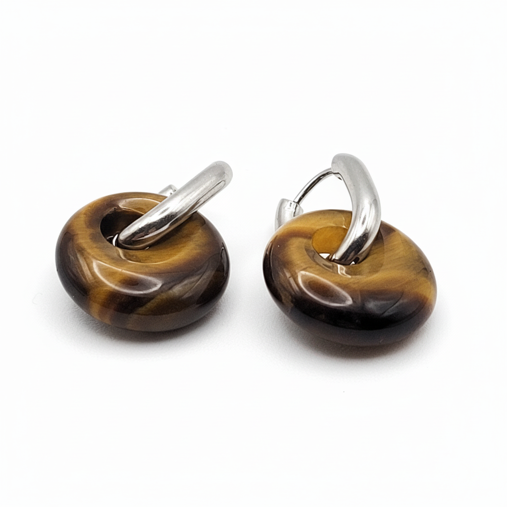 Boucles Créoles Argentées – Donut Œil de Tigre 18 mm