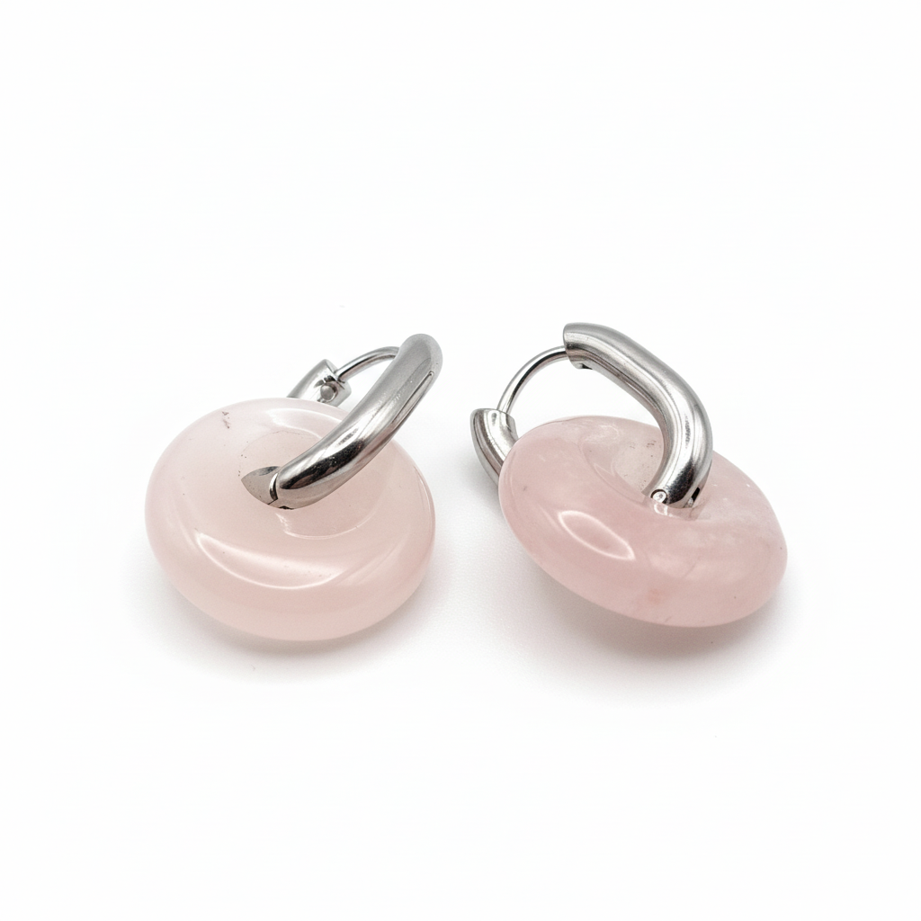 Boucles Créoles Argentées – Donut Quartz Rose 18 mm