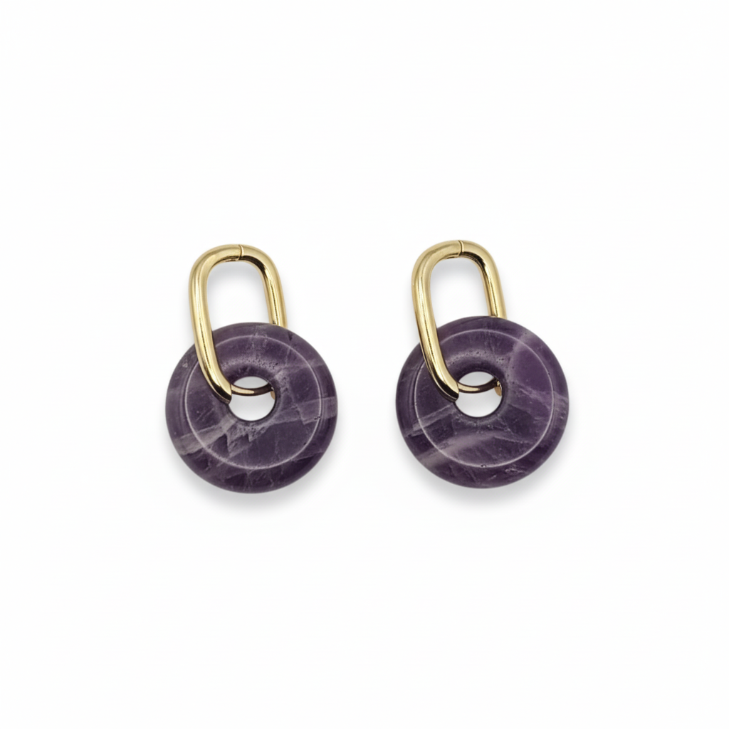 Boucles d’oreilles créoles dorées – Donut Améthyste 18 mm