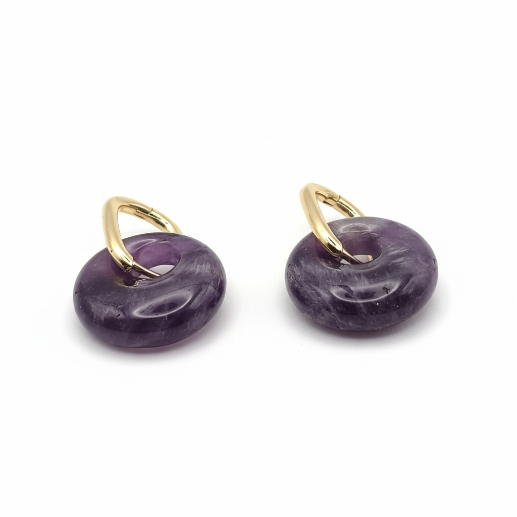 Boucles d’oreilles créoles dorées – Donut Améthyste 18 mm
