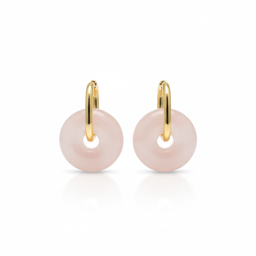 Boucles d’oreilles créoles dorées – Donut Quartz Rose 18 mm