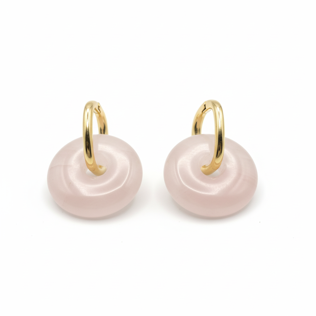 Boucles d’oreilles créoles dorées – Donut Quartz Rose 18 mm