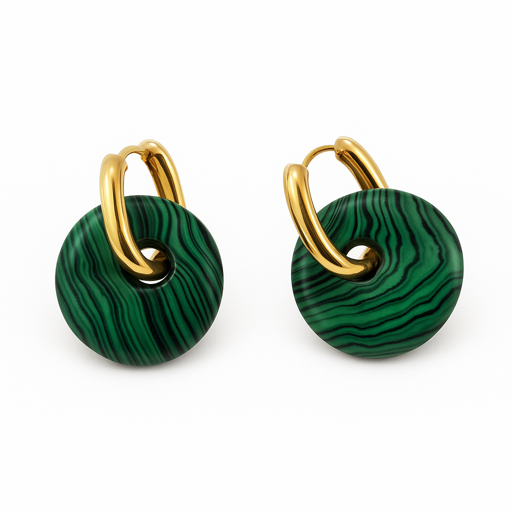 Boucles Créoles Dorées – Donut Malachite 18 mm