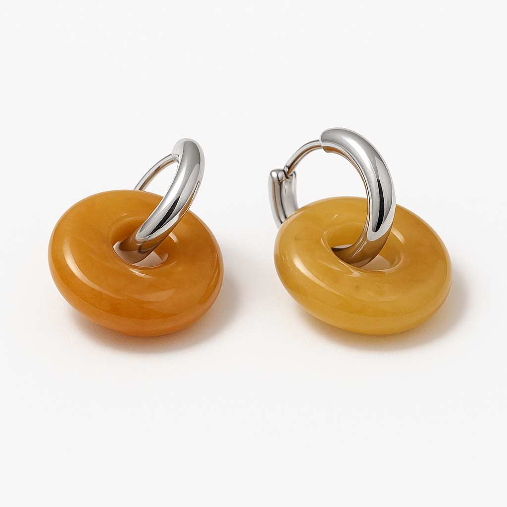Boucles Créoles Argentées – Donut Jade Jaune 18 mm