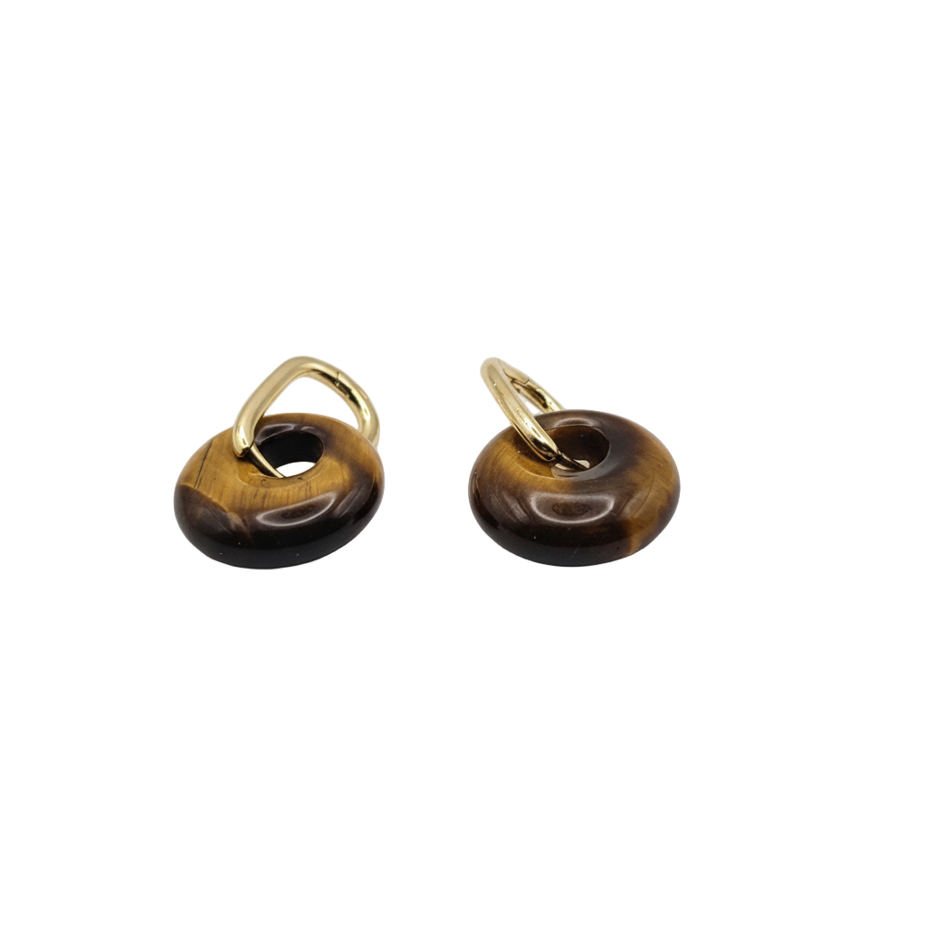 Boucles d'Oreilles Créoles Dorées - Pierre Donut Œil de Tigre 18mm
