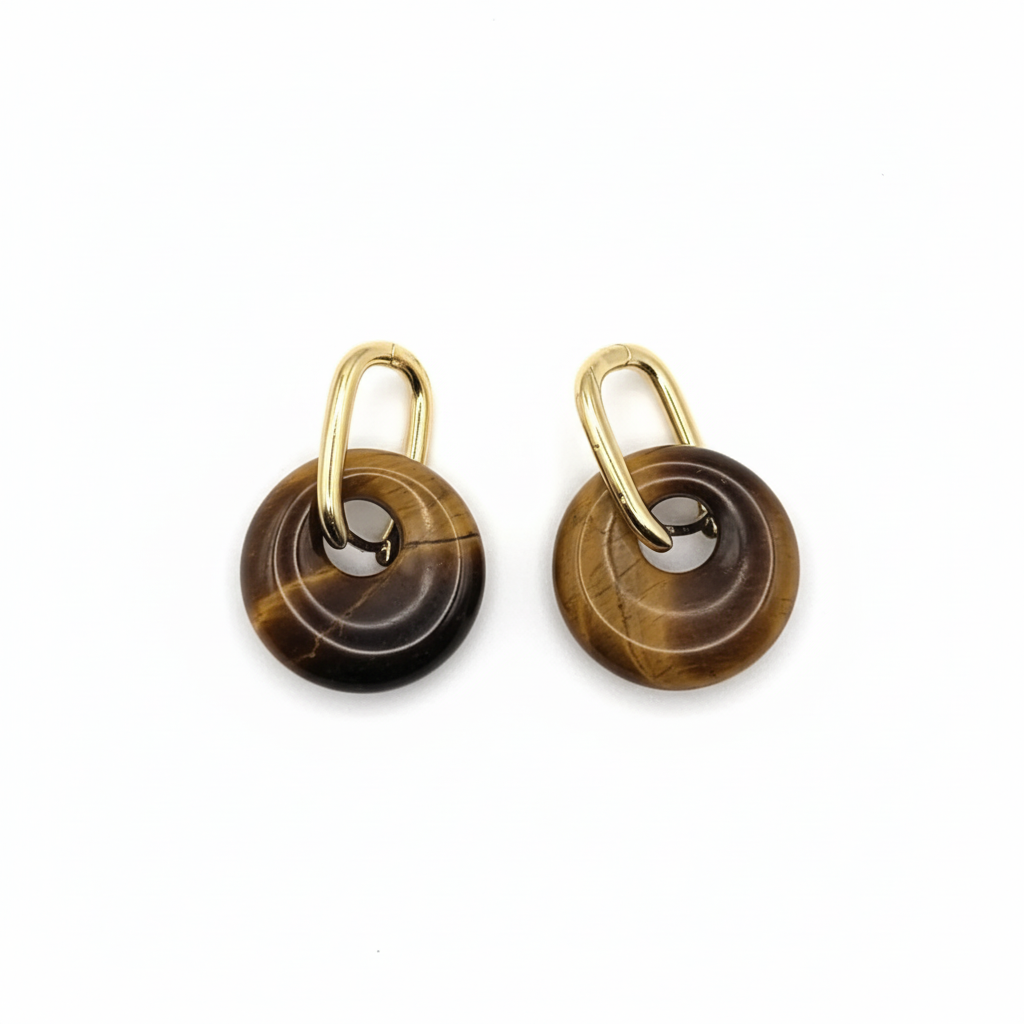 Boucles d'Oreilles Créoles Dorées - Pierre Donut Œil de Tigre 18mm
