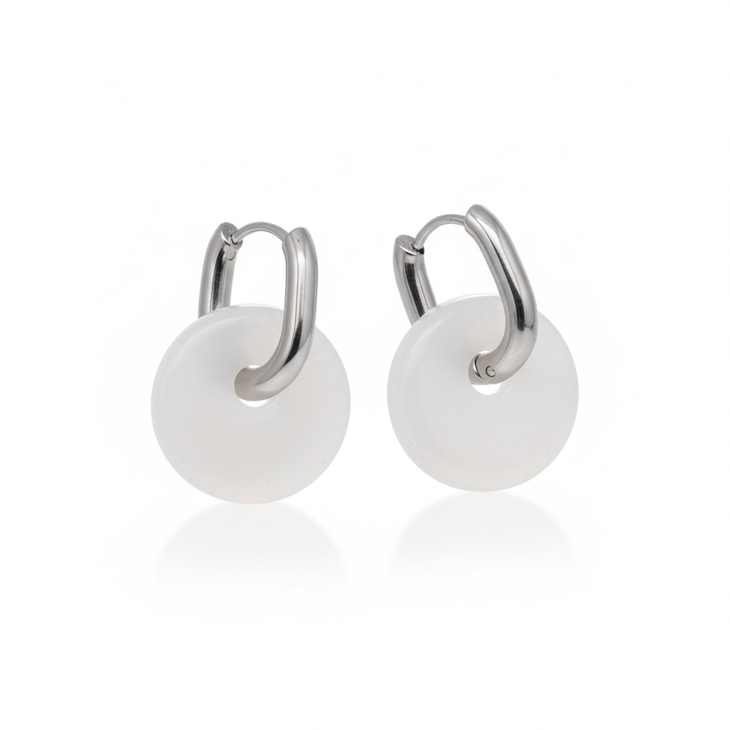 Boucles Créoles Argentées – Donut Jade Blanc 18 mm – Boucles d'oreilles créoles | Yatik