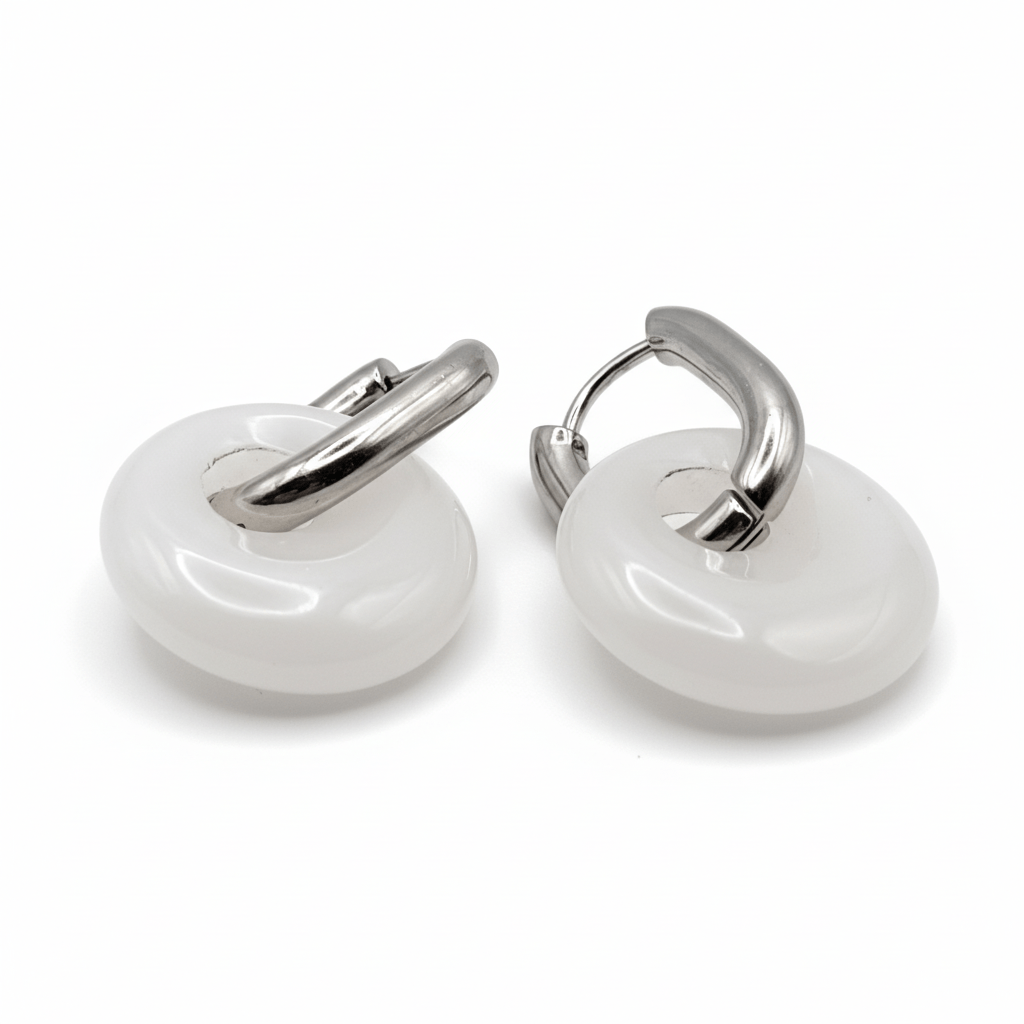 Boucles Créoles Argentées – Donut Jade Blanc 18 mm – Boucles d'oreilles créoles | Yatik