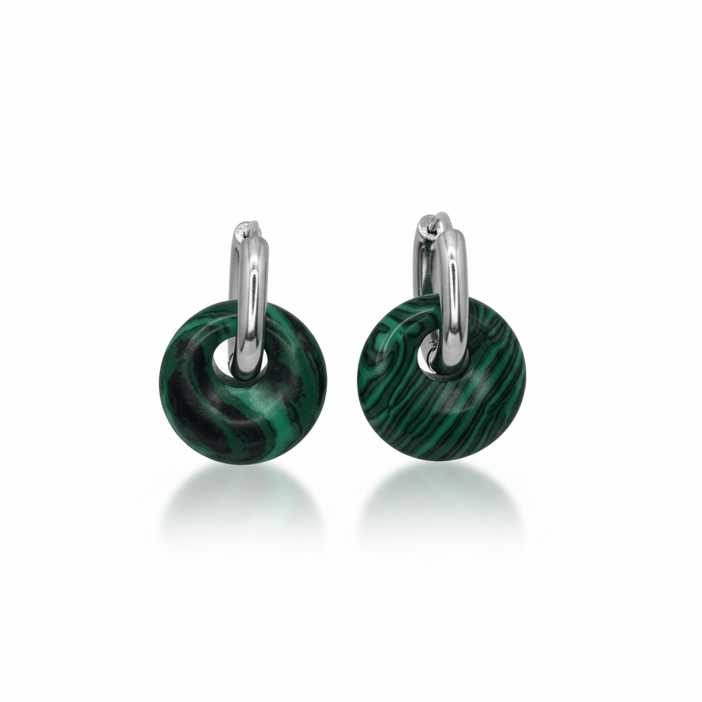Boucles Créoles Argentées – Donut Malachite 18 mm – Boucles d'oreilles créoles | Yatik