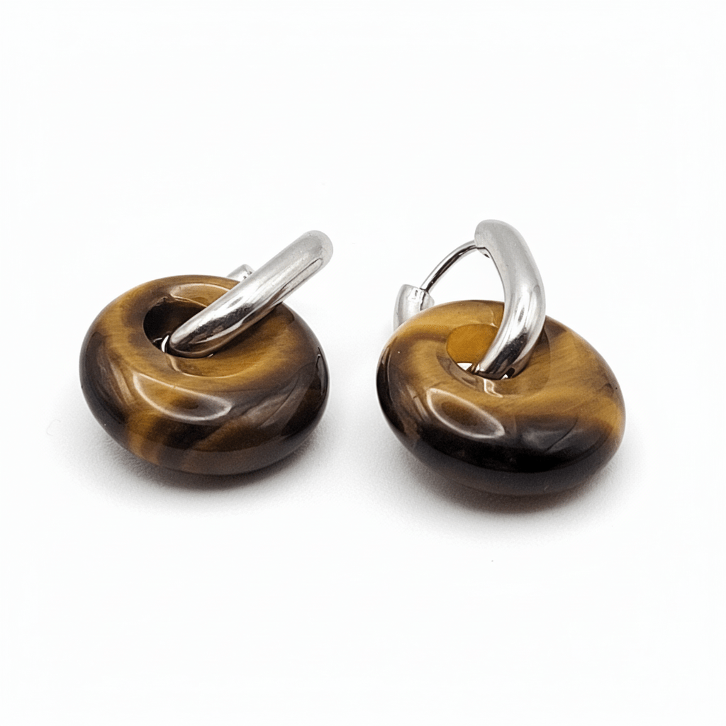 Boucles Créoles Argentées – Donut Œil de Tigre 18 mm – Boucles d'oreilles créoles | Yatik