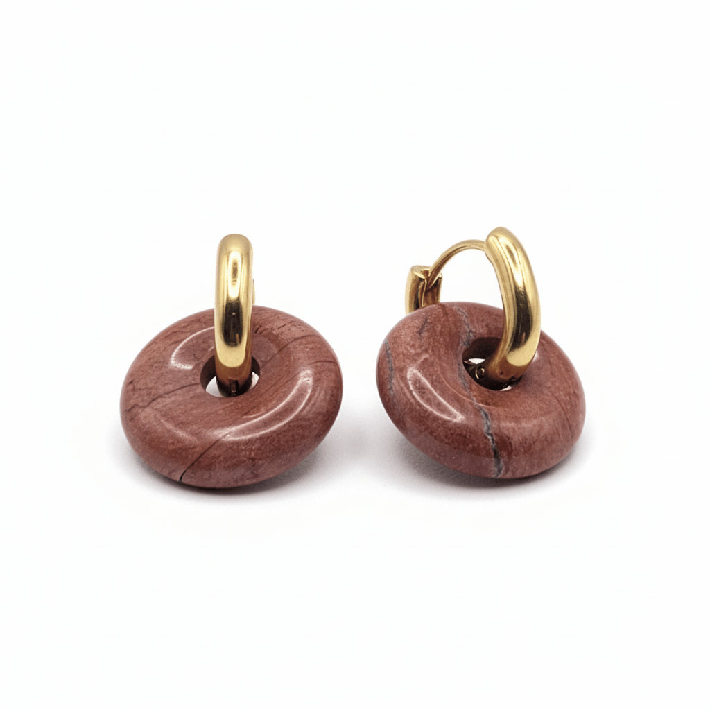 Boucles Créoles Dorées – Donut Jaspe Rouge 18 mm – Boucles d'oreilles créoles | Yatik