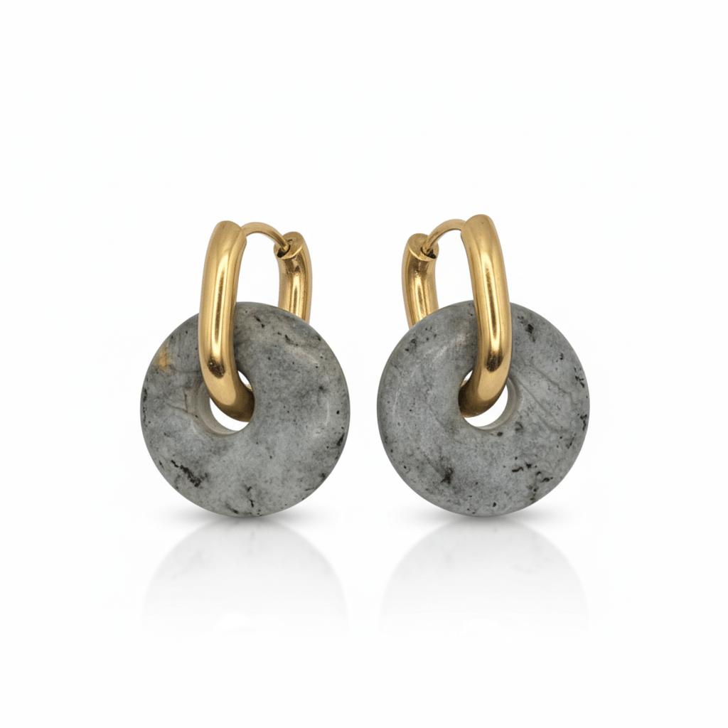 Boucles Créoles Dorées – Donut Labradorite 18 mm – Boucles d'oreilles créoles | Yatik