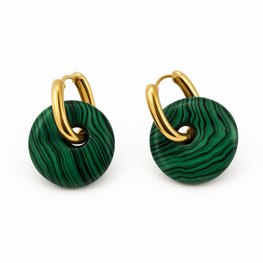 Boucles Créoles Dorées – Donut Malachite 18 mm – Boucles d'oreilles créoles | Yatik