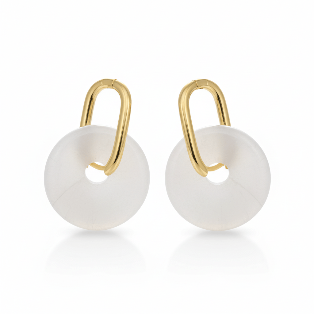 Boucles d’oreilles créoles dorées – Donut Jade Blanche 18 mm – | Yatik