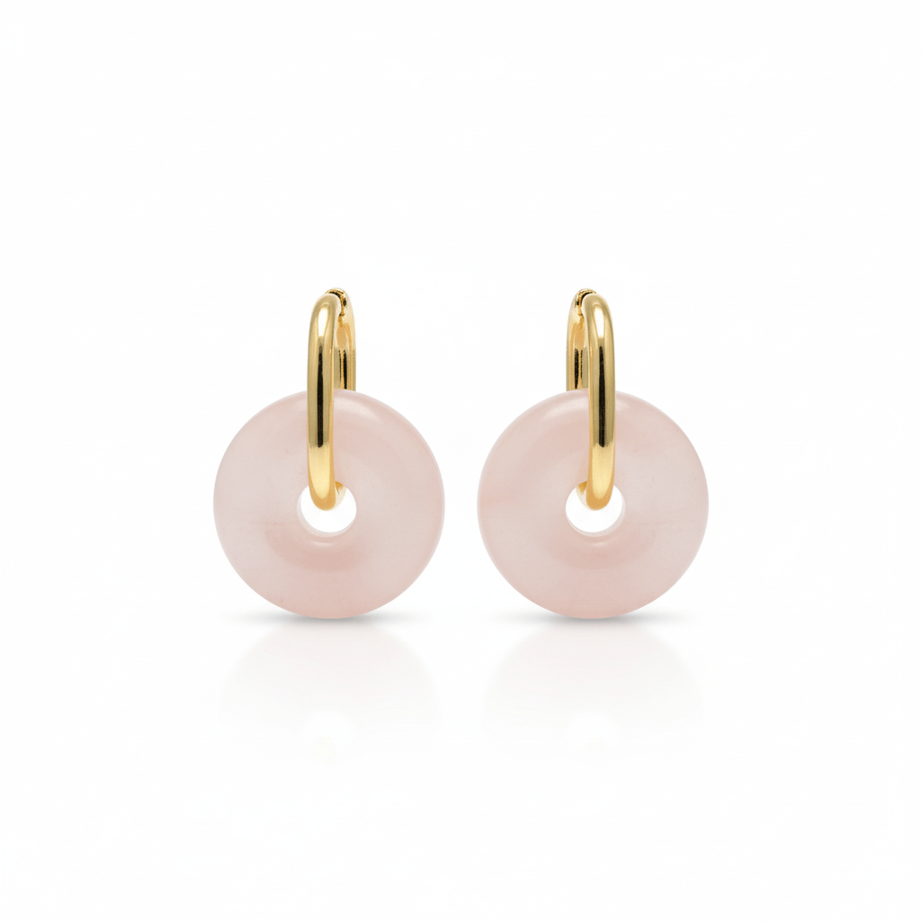 Boucles d’oreilles créoles dorées – Donut Quartz Rose 18 mm – | Yatik