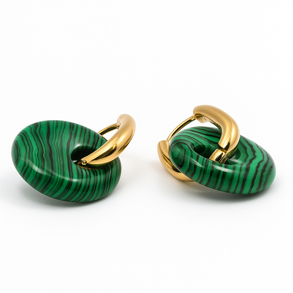 Boucles Créoles Dorées – Donut Malachite 18 mm