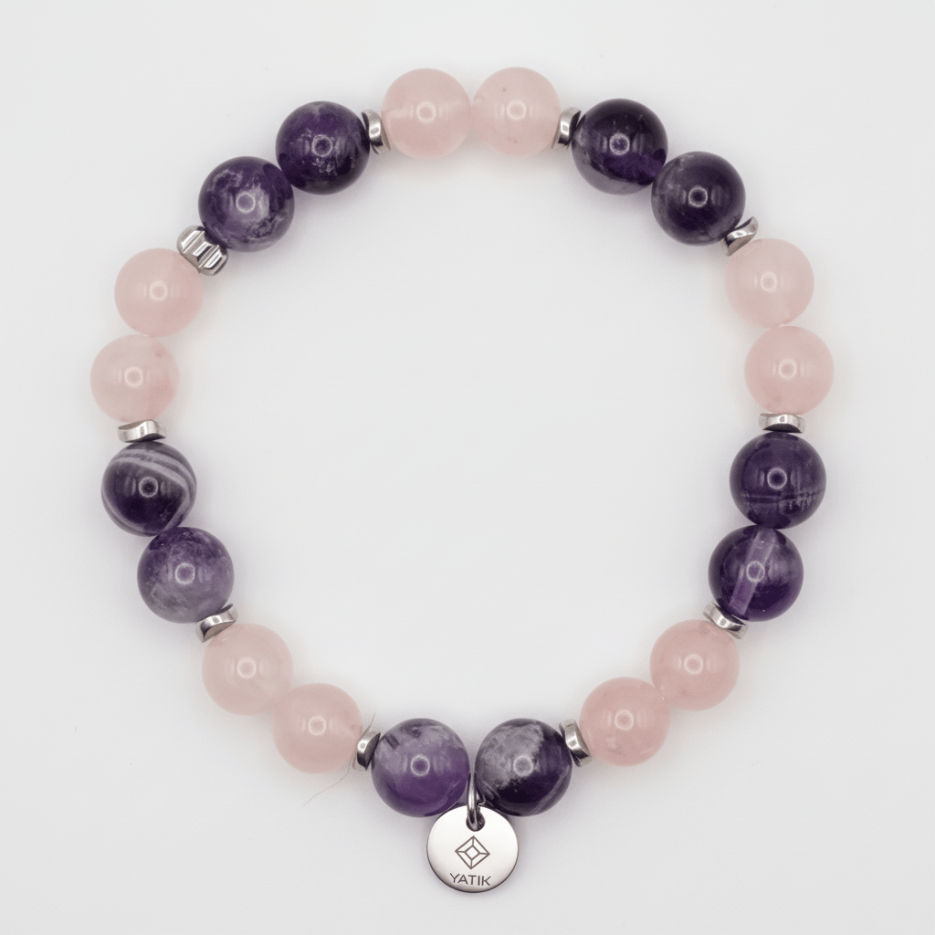 Bracelet Cœur Apaisé – Quartz Rose & Améthyste – Bracelet en pierres naturelles | Yatik