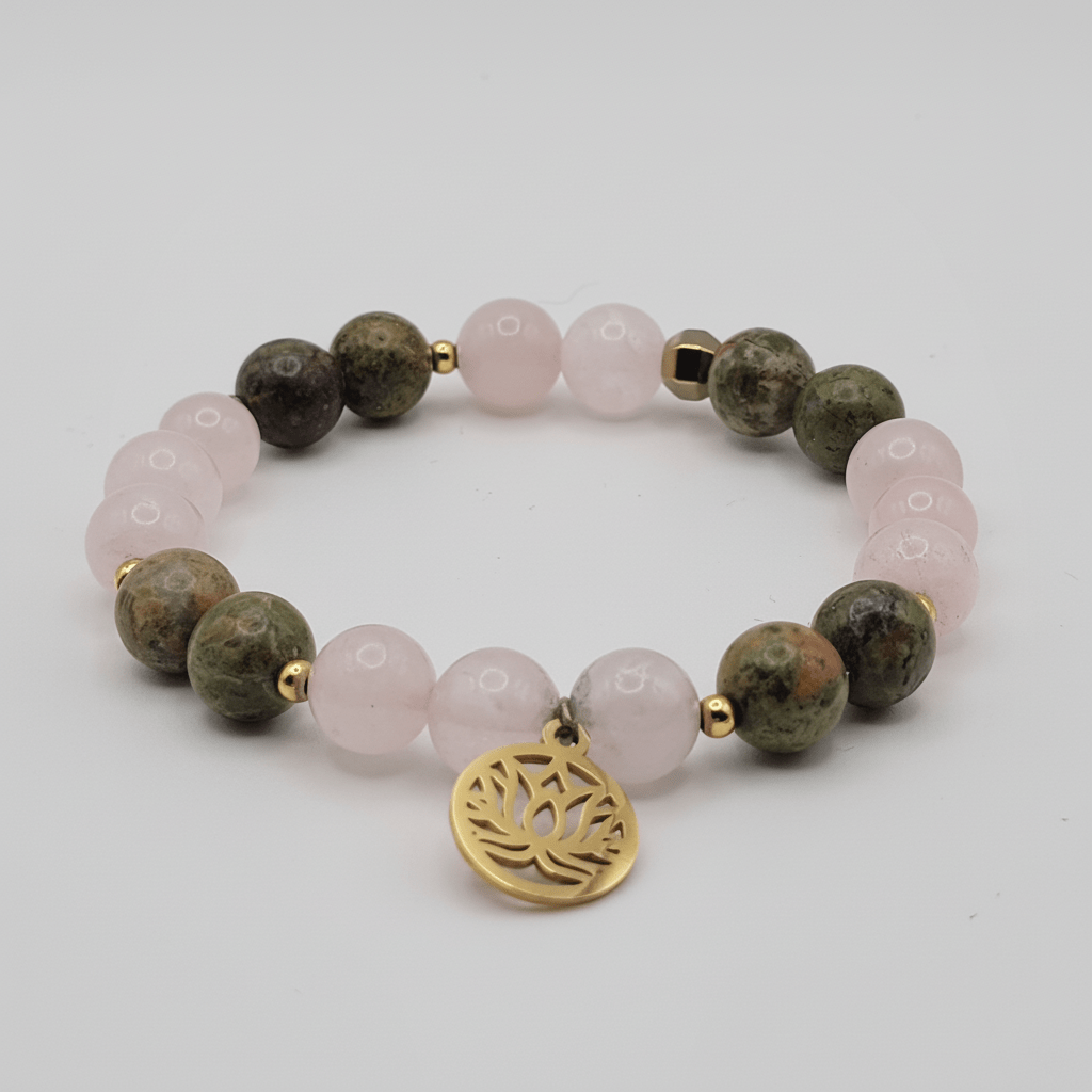 Bracelet Guérison du Cœur – Unakite & Quartz Rose Pendentif Fleur de Lotus – | Yatik