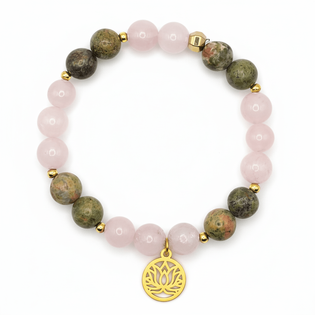 Bracelet Guérison du Cœur – Unakite & Quartz Rose Pendentif Fleur de Lotus – | Yatik