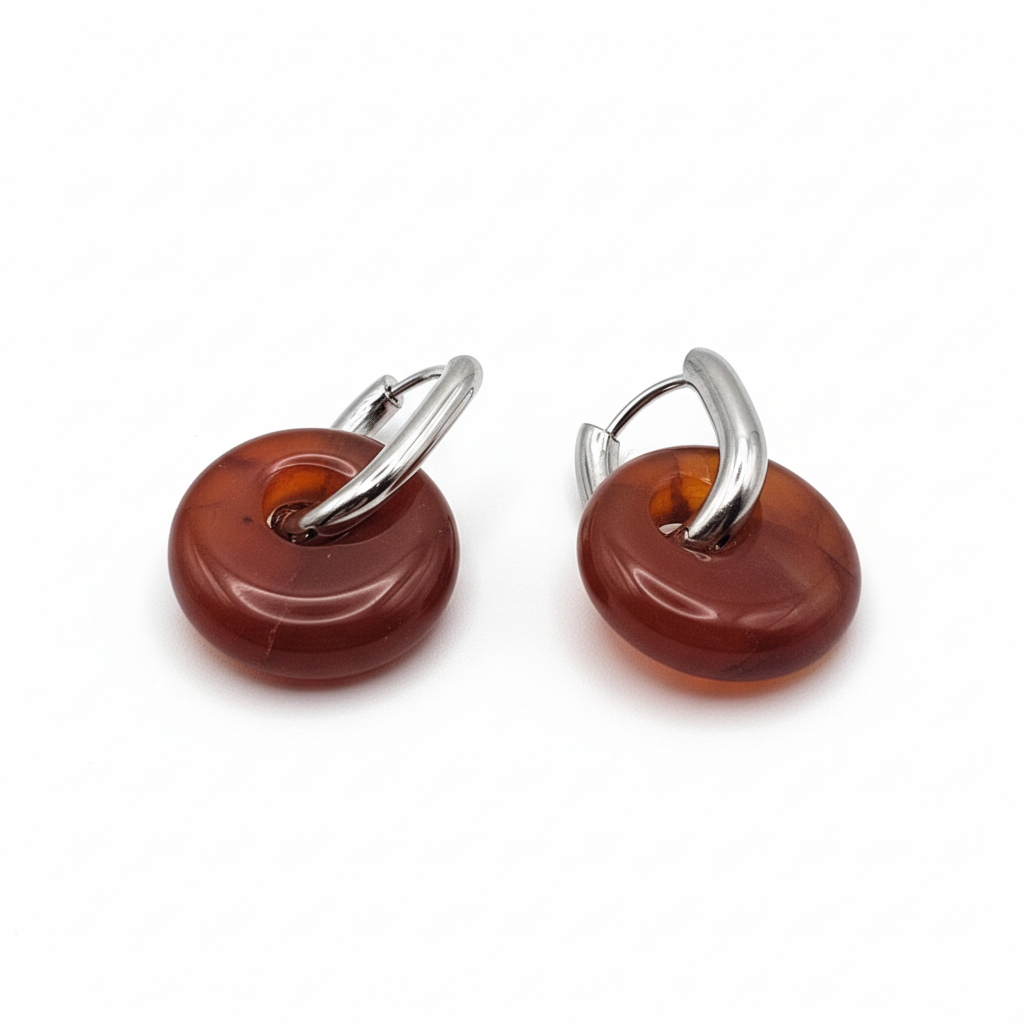 Boucles Créoles Argentées – Donut Cornaline 18 mm