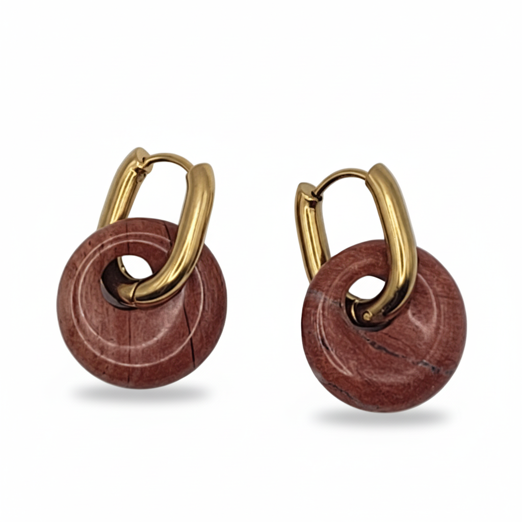 Boucles Créoles Dorées – Donut Jaspe Rouge 18 mm