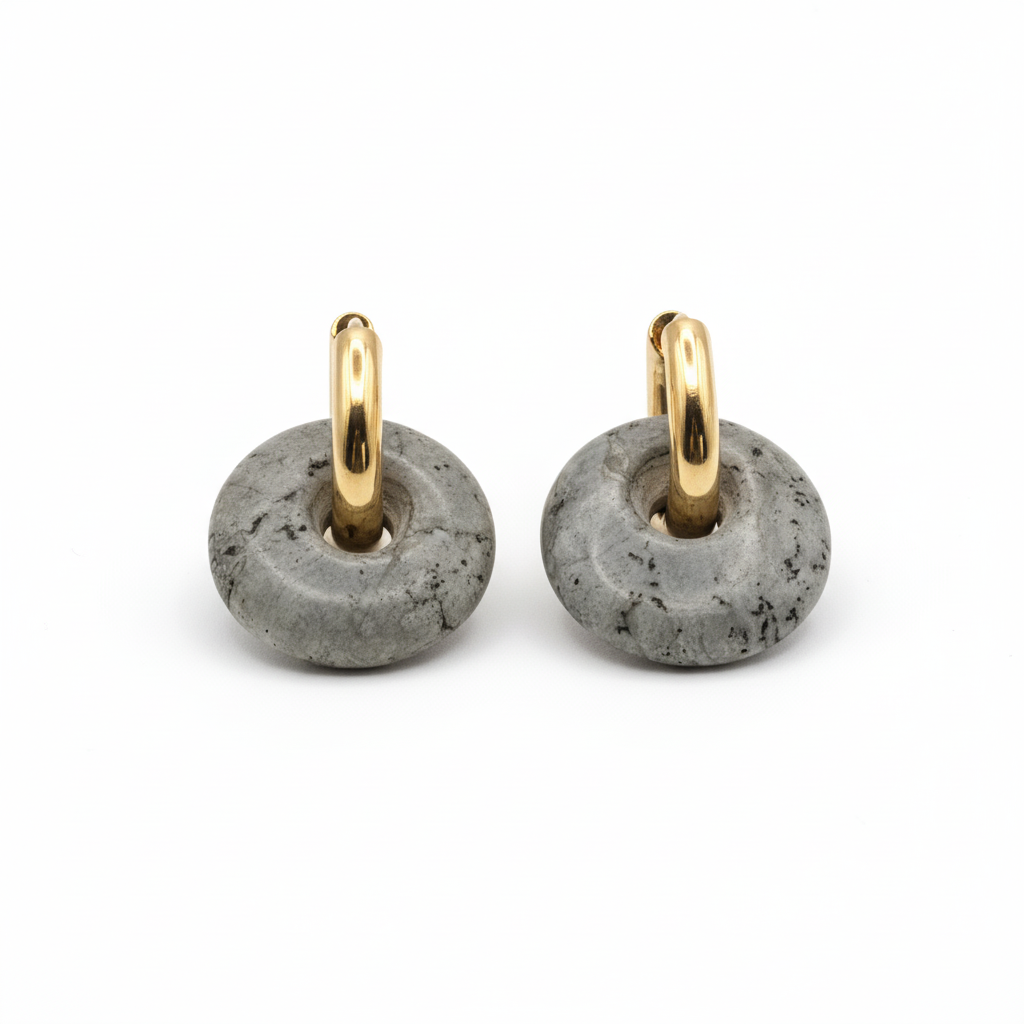 Boucles Créoles Dorées – Donut Labradorite 18 mm