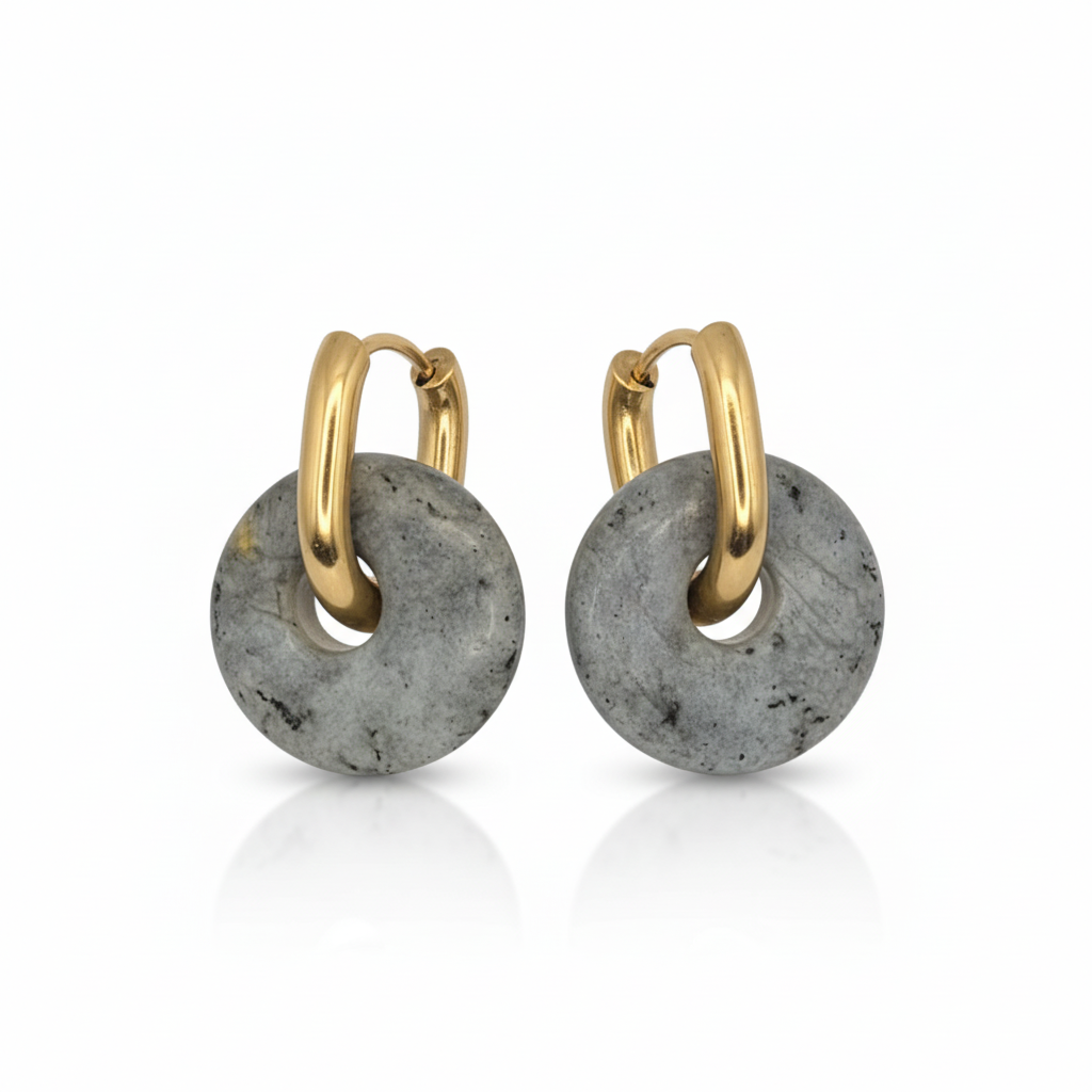 Boucles Créoles Dorées – Donut Labradorite 18 mm