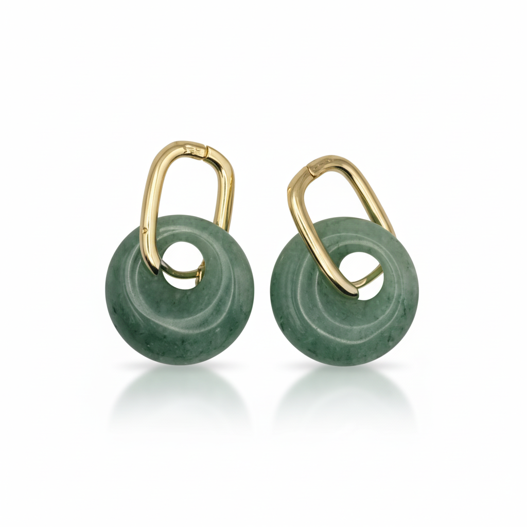 Boucles d’oreilles créoles dorées – Donut Aventurine verte 18 mm
